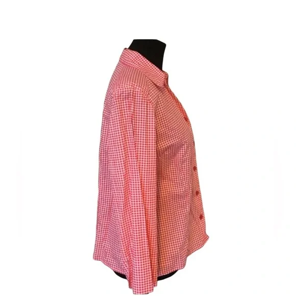 Lemon Grass Women Cotton Top M Red 3/4 Cuffed Sleeve Button Up Checked Preppy - Picture 2 of 5